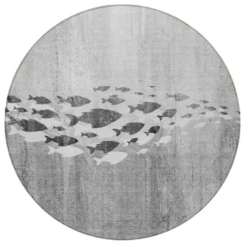 8' Gray Silver And Charcoal Round Nautical Washable Indoor Outdoor Area Rug