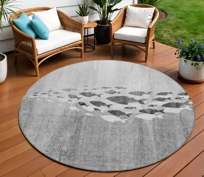 8' Gray Silver And Charcoal Round Nautical Washable Indoor Outdoor Area Rug