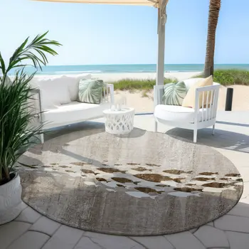 8' Taupe Brown And Khaki Round Nautical Washable Indoor Outdoor Area Rug