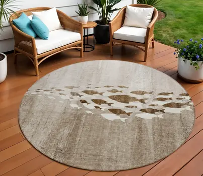 8' Taupe Brown And Khaki Round Nautical Washable Indoor Outdoor Area Rug
