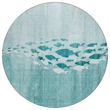 8' Teal Blue Aqua And Ivory Round Nautical Washable Indoor Outdoor Area Rug
