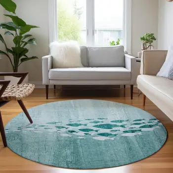 8' Teal Blue Aqua And Ivory Round Nautical Washable Indoor Outdoor Area Rug