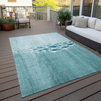 8' X 10' Teal Blue Aqua And Ivory Nautical Washable Indoor Outdoor Area Rug