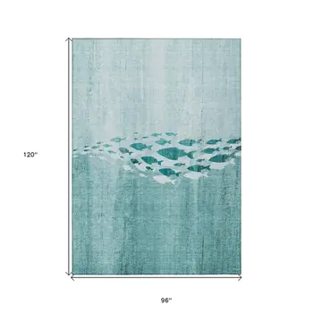 8' X 10' Teal Blue Aqua And Ivory Nautical Washable Indoor Outdoor Area Rug