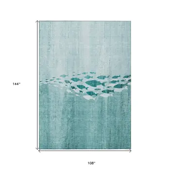 9' X 12' Teal Blue Aqua And Ivory Nautical Washable Indoor Outdoor Area Rug