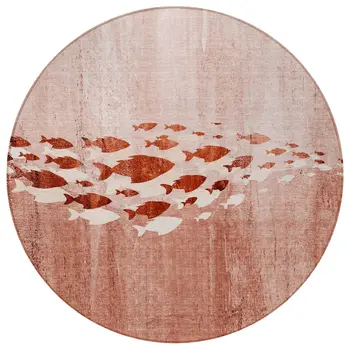 8' Terra Cotta Copper And Ivory Round Nautical Washable Indoor Outdoor Area Rug