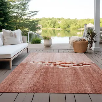 9' X 12' Terra Cotta Copper And Ivory Nautical Washable Indoor Outdoor Area Rug