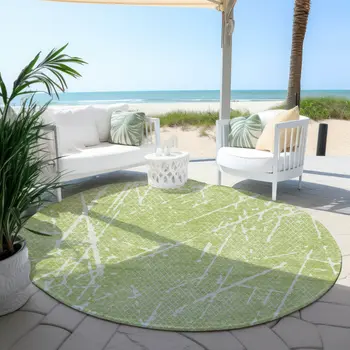 8' Artichoke Green And Ivory Round Abstract Washable Indoor Outdoor Area Rug