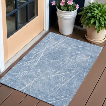 3' X 5' Blue And Ivory Abstract Washable Indoor Outdoor Area Rug