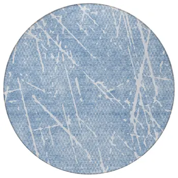 8' Blue And Ivory Round Abstract Washable Indoor Outdoor Area Rug
