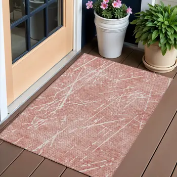3' X 5' Blush And Ivory Abstract Washable Indoor Outdoor Area Rug
