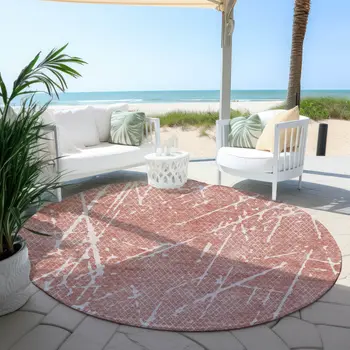 8' Blush And Ivory Round Abstract Washable Indoor Outdoor Area Rug