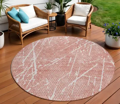 8' Blush And Ivory Round Abstract Washable Indoor Outdoor Area Rug