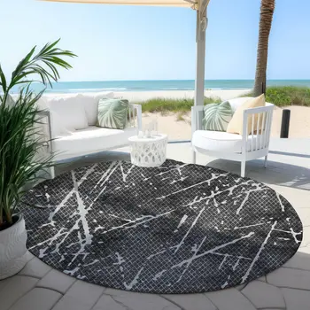 8' Charcoal Ivory And Gray Round Abstract Washable Indoor Outdoor Area Rug