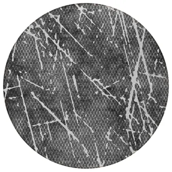 8' Charcoal Ivory And Gray Round Abstract Washable Indoor Outdoor Area Rug