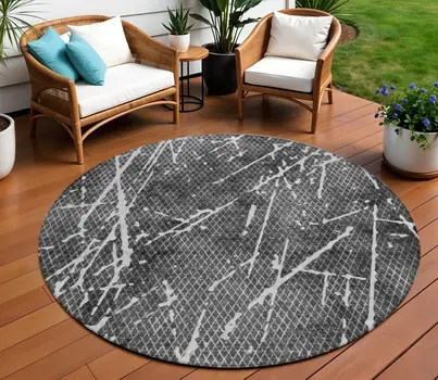 8' Charcoal Ivory And Gray Round Abstract Washable Indoor Outdoor Area Rug