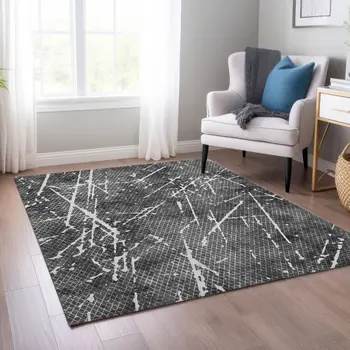 8' X 10' Charcoal Ivory And Gray Abstract Washable Indoor Outdoor Area Rug