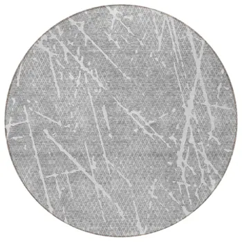 8' Gray Ivory And Silver Round Abstract Washable Indoor Outdoor Area Rug