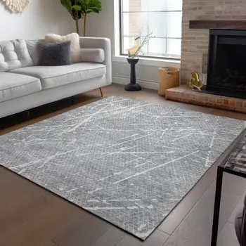 9' X 12' Gray Ivory And Silver Abstract Washable Indoor Outdoor Area Rug