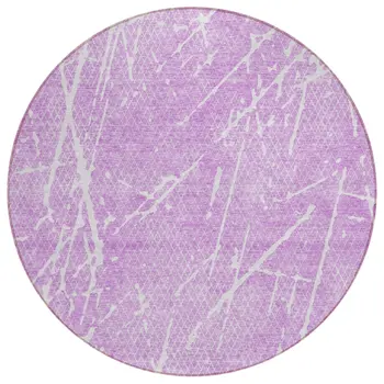 8' Lilac And Ivory Round Abstract Washable Indoor Outdoor Area Rug