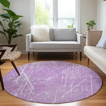8' Lilac And Ivory Round Abstract Washable Indoor Outdoor Area Rug