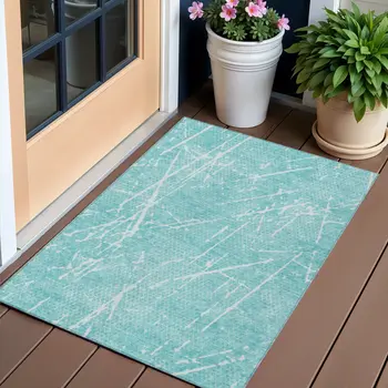 3' X 5' Teal Blue And Ivory Abstract Washable Indoor Outdoor Area Rug