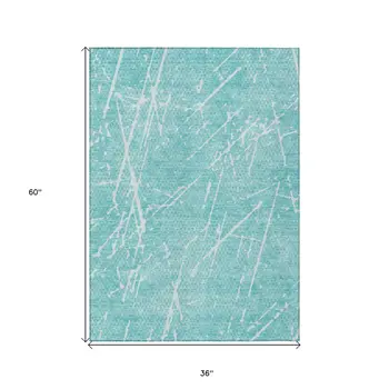 3' X 5' Teal Blue And Ivory Abstract Washable Indoor Outdoor Area Rug