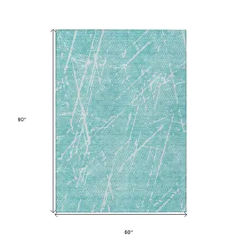 5' X 8' Teal Blue And Ivory Abstract Washable Indoor Outdoor Area Rug