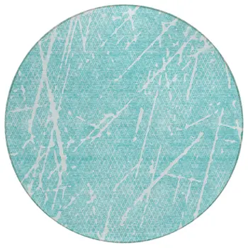 8' Teal Blue And Ivory Round Abstract Washable Indoor Outdoor Area Rug