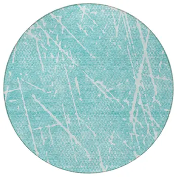 8' Teal Blue And Ivory Round Abstract Washable Indoor Outdoor Area Rug