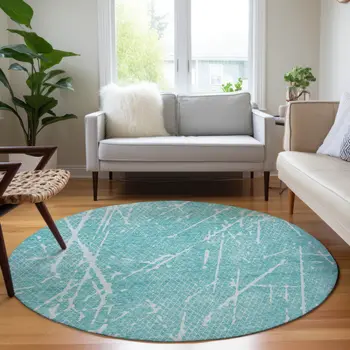 8' Teal Blue And Ivory Round Abstract Washable Indoor Outdoor Area Rug