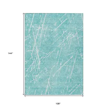 9' X 12' Teal Blue And Ivory Abstract Washable Indoor Outdoor Area Rug