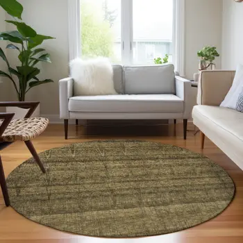 8' Brown Beige And Chocolate Round Striped Washable Indoor Outdoor Area Rug