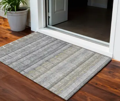3' X 5' Gray Silver And Charcoal Striped Washable Indoor Outdoor Area Rug