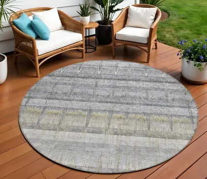 8' Gray Silver And Charcoal Round Striped Washable Indoor Outdoor Area Rug