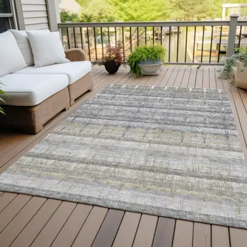 8' X 10' Gray Silver And Charcoal Striped Washable Indoor Outdoor Area Rug