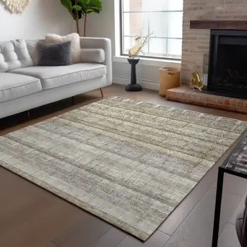 5' X 8' Taupe Gray And Beige Striped Washable Indoor Outdoor Area Rug