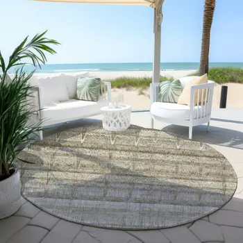 8' Taupe Gray And Beige Round Striped Washable Indoor Outdoor Area Rug