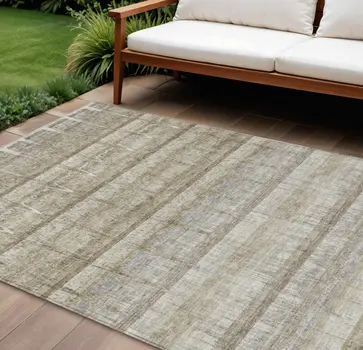 8' X 10' Taupe Gray And Beige Striped Washable Indoor Outdoor Area Rug