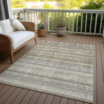 8' X 10' Taupe Gray And Beige Striped Washable Indoor Outdoor Area Rug