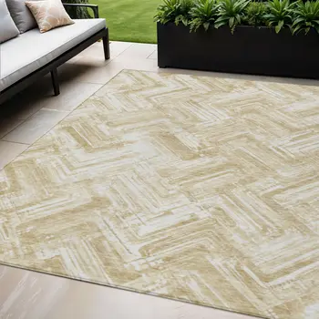 5' X 8' Beige Tan And Ivory Geometric Washable Indoor Outdoor Area Rug
