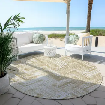 8' Beige Tan And Ivory Round Geometric Washable Indoor Outdoor Area Rug