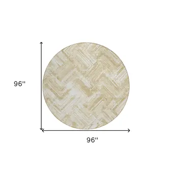 8' Beige Tan And Ivory Round Geometric Washable Indoor Outdoor Area Rug