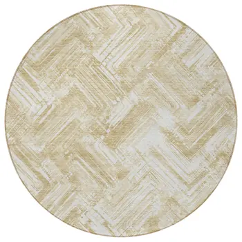 8' Beige Tan And Ivory Round Geometric Washable Indoor Outdoor Area Rug
