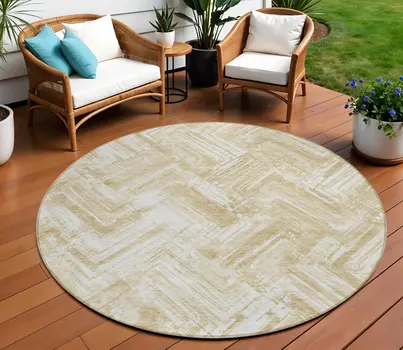 8' Beige Tan And Ivory Round Geometric Washable Indoor Outdoor Area Rug