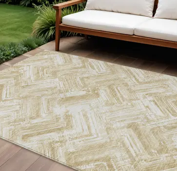 9' X 12' Beige Tan And Ivory Geometric Washable Indoor Outdoor Area Rug