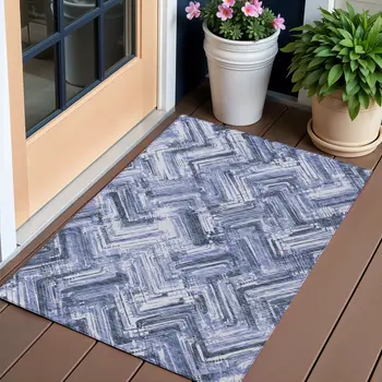 3' X 5' Navy Blue And Sky Blue Geometric Washable Indoor Outdoor Area Rug