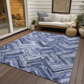 5' X 8' Navy Blue And Sky Blue Geometric Washable Indoor Outdoor Area Rug