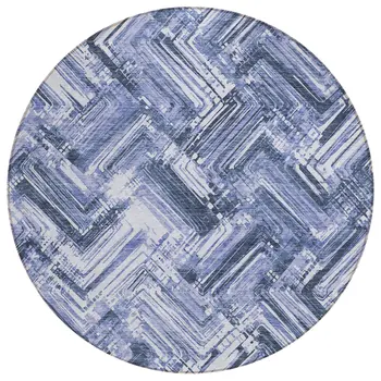 8' Navy Blue And Sky Blue Round Geometric Washable Indoor Outdoor Area Rug