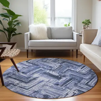 8' Navy Blue And Sky Blue Round Geometric Washable Indoor Outdoor Area Rug